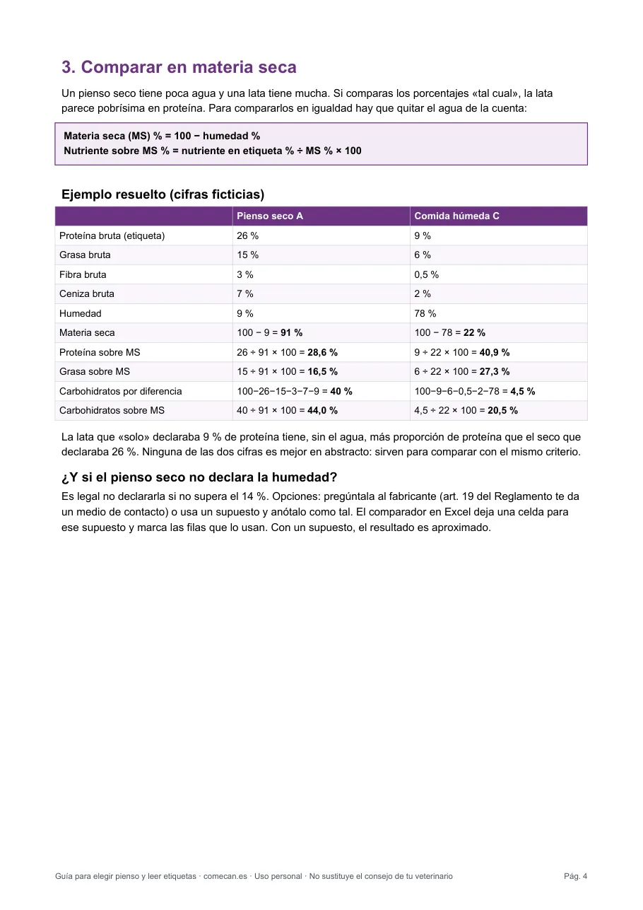 Página de la guía con el ejemplo resuelto de materia seca