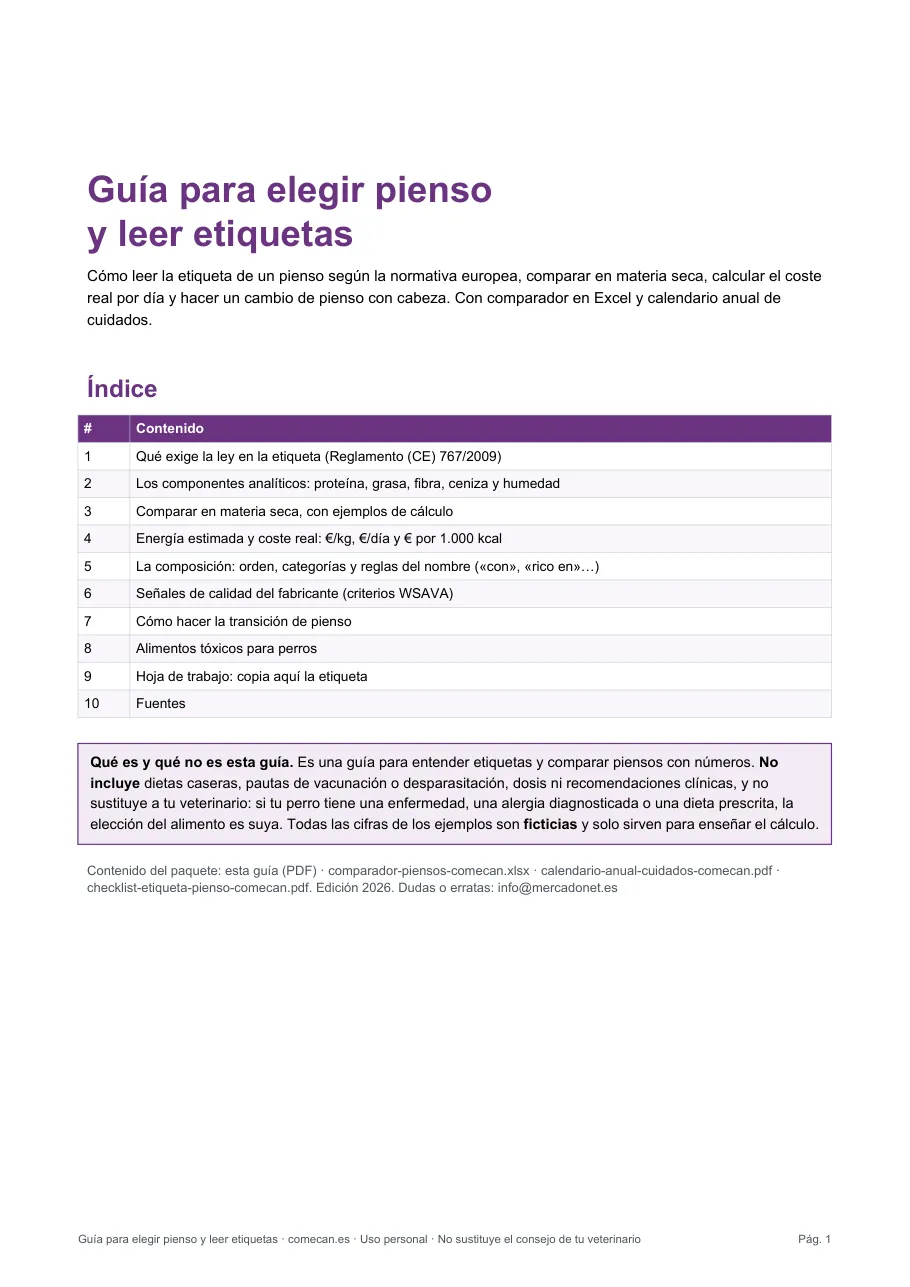 Portada e índice de la Guía para elegir pienso y leer etiquetas